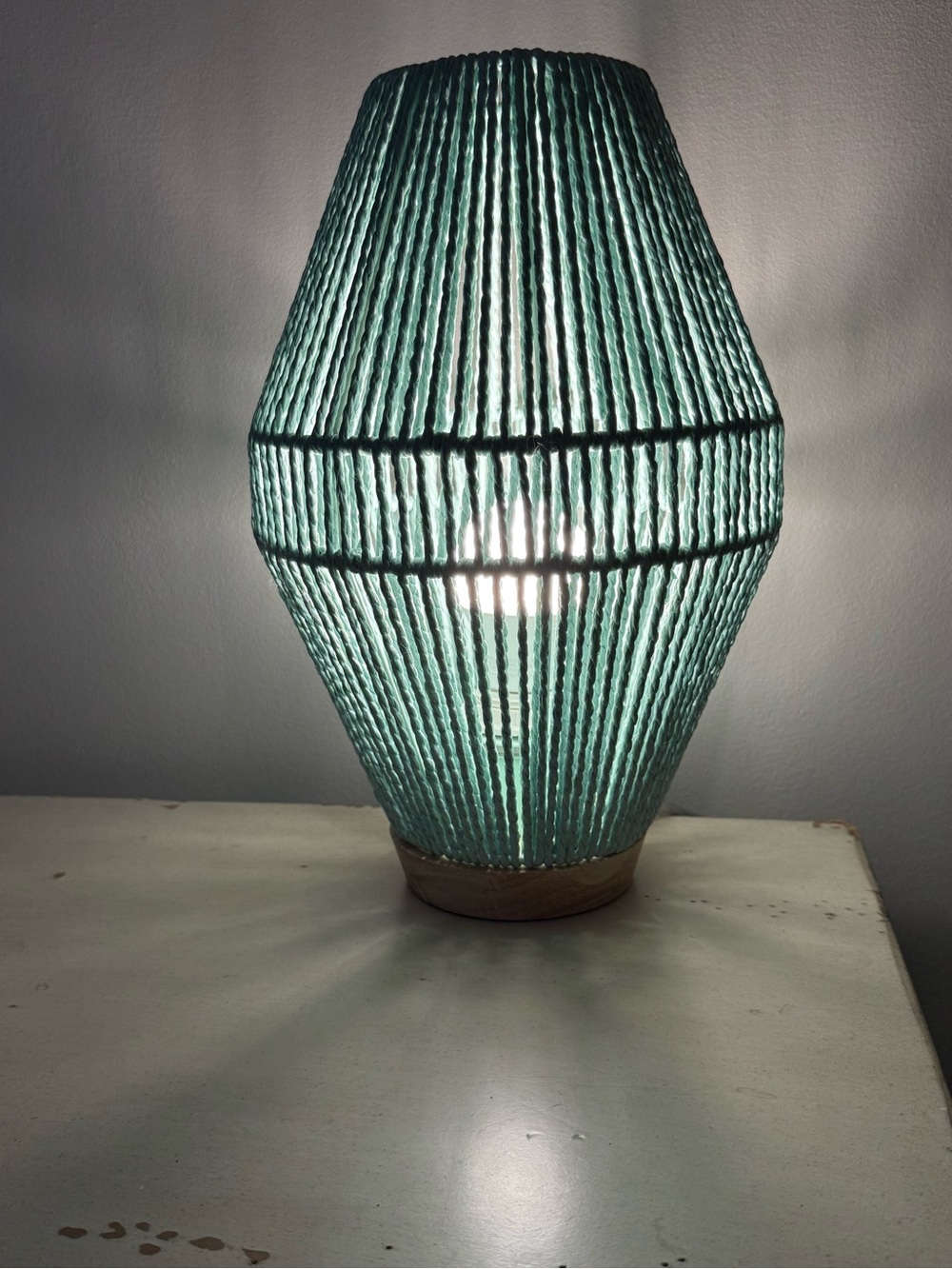 Mint Green Woven Rope Table Lamp Boho Coastal Accent Lamp Wood Base - Picture 5 of 7